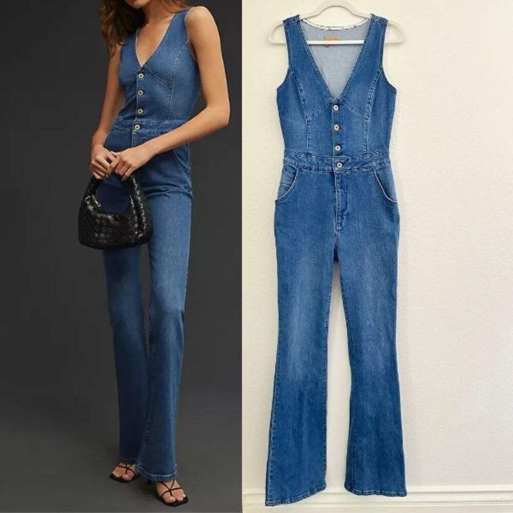 Pilcro Button Down Kickflare Jumpsuit Denim Blue V-Neck Retro 70s Button Women 8